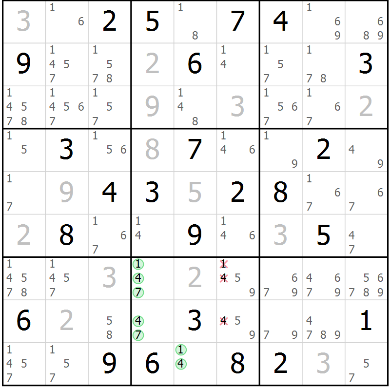 Position des candidats pour la solution de la Gr 77 page 80 du magazine de sudoku Maestro n° 085