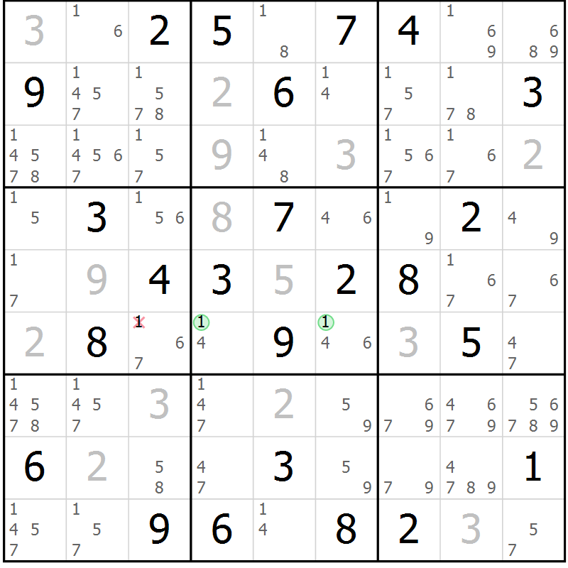 Position des candidats pour la solution de la Gr 77 page 80 du magazine de sudoku Maestro n° 085