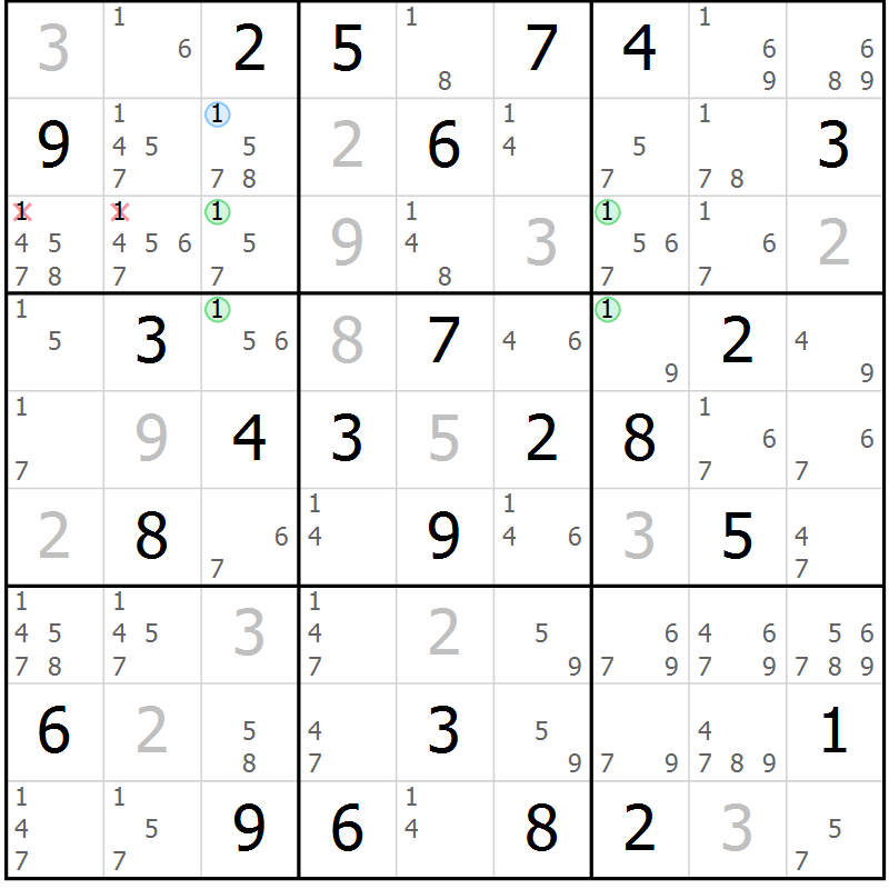 Position des candidats pour la solution de la Gr 77 page 80 du magazine de sudoku Maestro n° 085