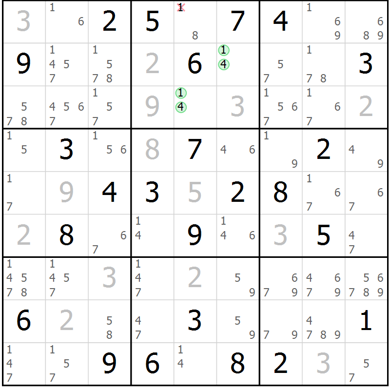 Position des candidats pour la solution de la Gr 77 page 80 du magazine de sudoku Maestro n° 085