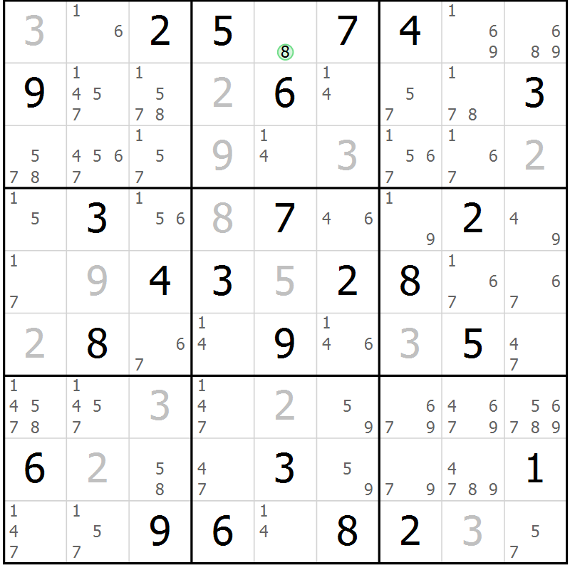 Position des candidats pour la solution de la Gr 77 page 80 du magazine de sudoku Maestro n° 085