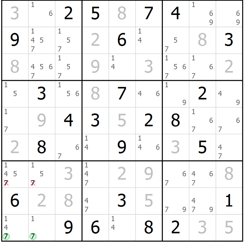 Position des candidats pour la solution de la Gr 77 page 80 du magazine de sudoku Maestro n° 085