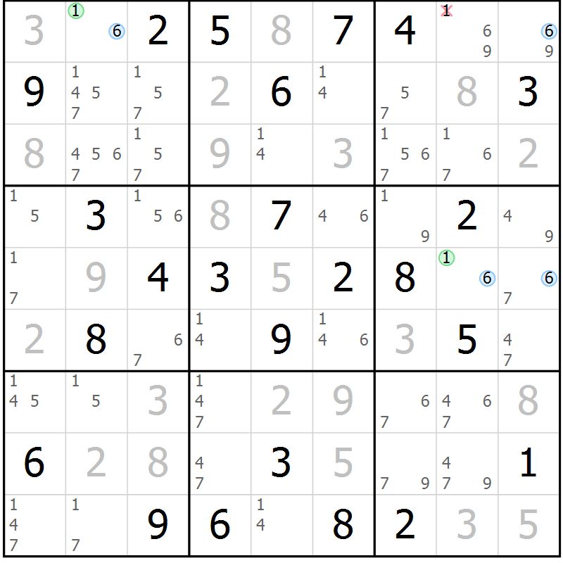 Position des candidats pour la solution de la Gr 77 page 80 du magazine de sudoku Maestro n° 085