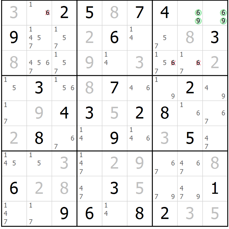 Position des candidats pour la solution de la Gr 77 page 80 du magazine de sudoku Maestro n° 085