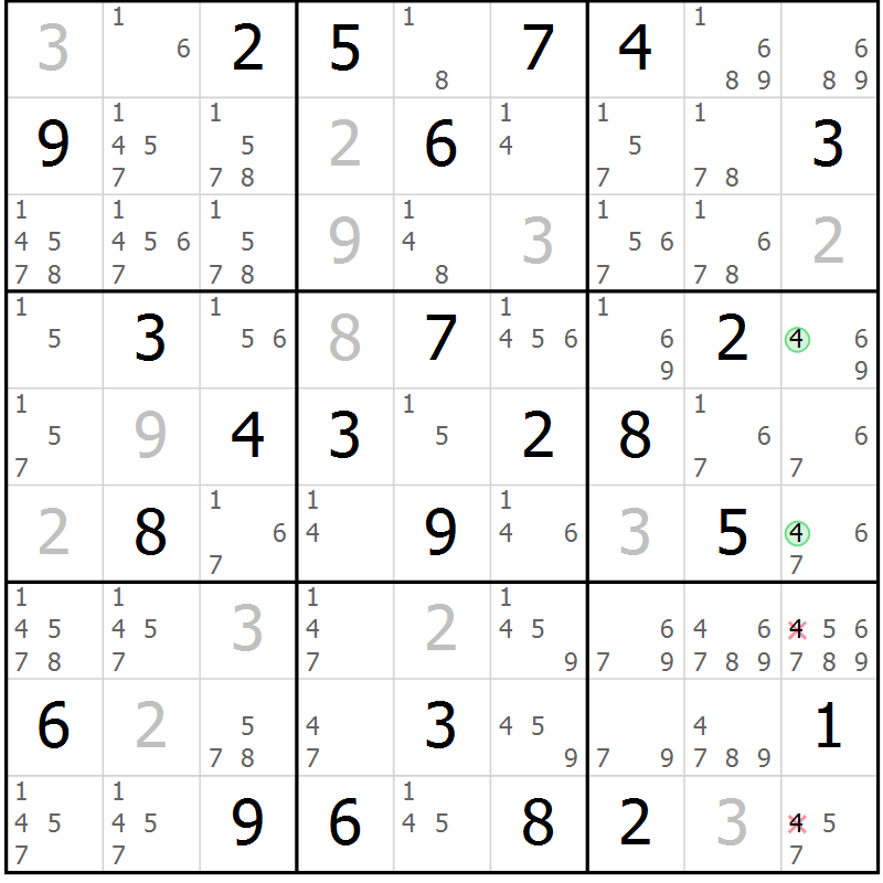 Position des candidats pour la solution de la Gr 77 page 80 du magazine de sudoku Maestro n° 085
