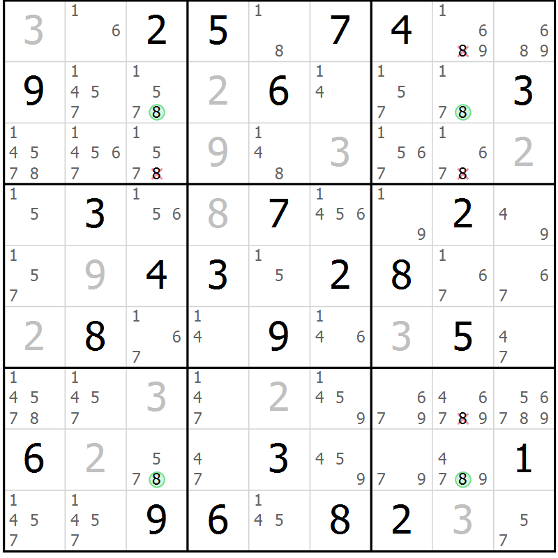 Position des candidats pour la solution de la Gr 77 page 80 du magazine de sudoku Maestro n° 085
