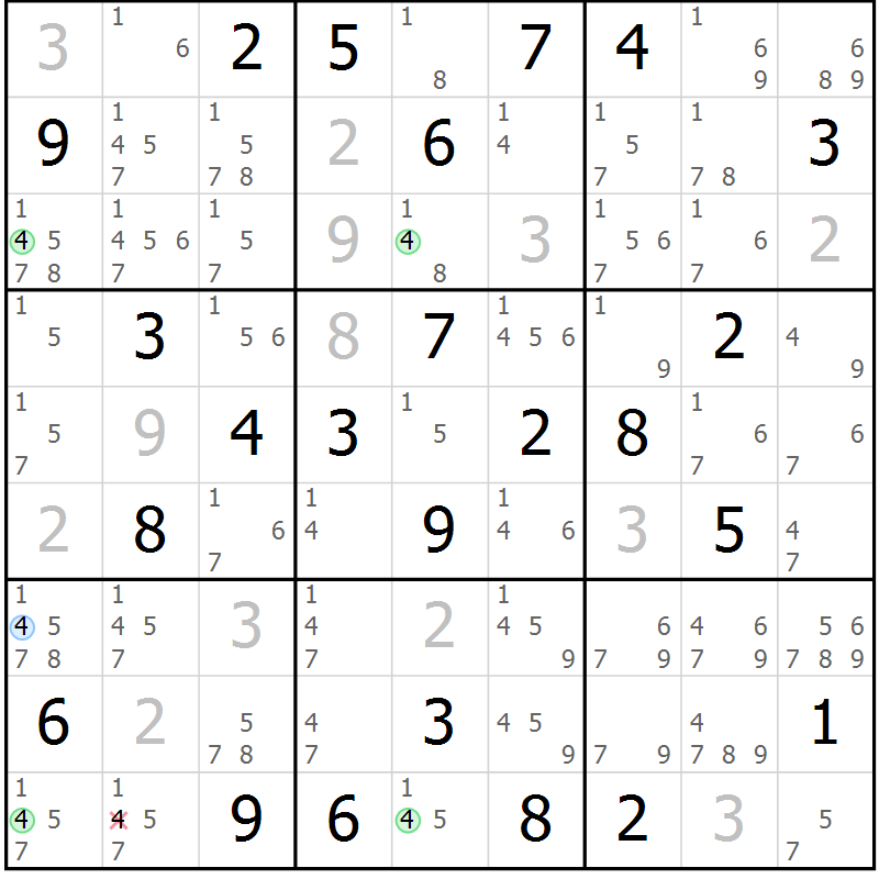 Position des candidats pour la solution de la Gr 77 page 80 du magazine de sudoku Maestro n° 085