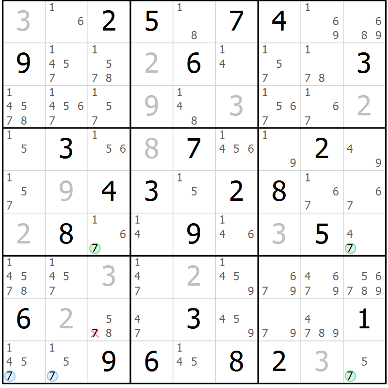 Position des candidats pour la solution de la Gr 77 page 80 du magazine de sudoku Maestro n° 085