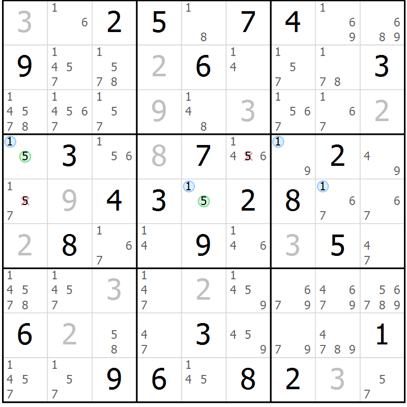 Position des candidats pour la solution de la Gr 77 page 80 du magazine de sudoku Maestro n° 085