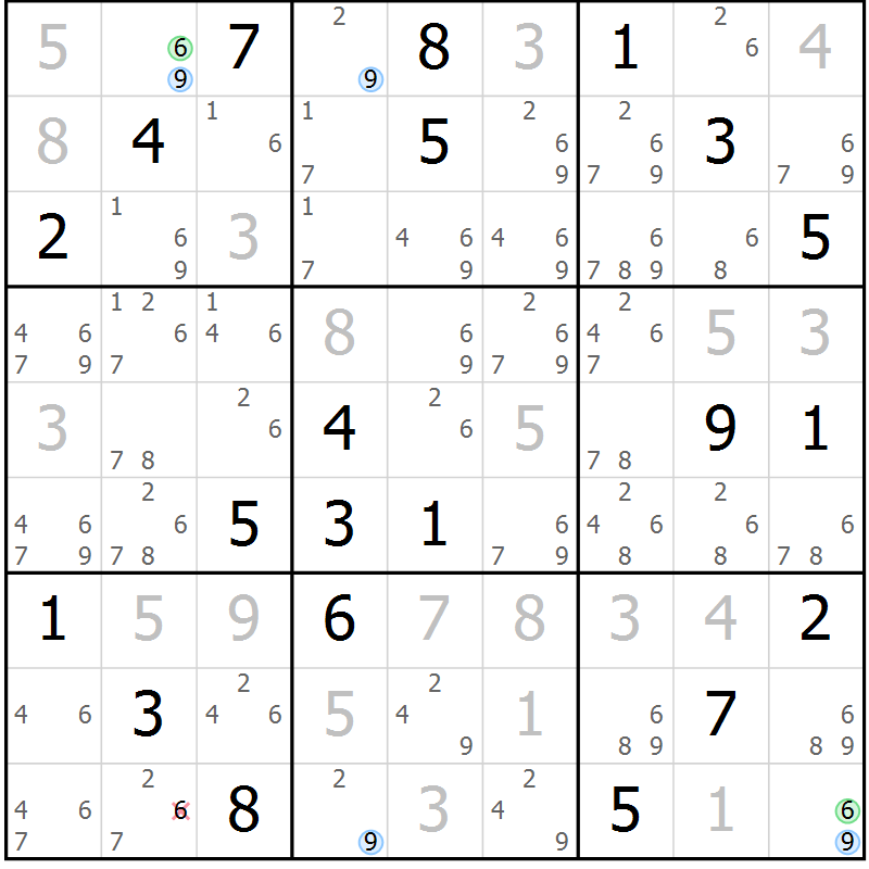 Position des candidats pour la solution de la Gr 78 page 81 du magazine de sudoku Maestro n° 085