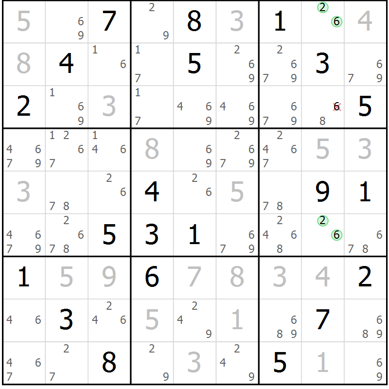 Position des candidats pour la solution de la Gr 78 page 81 du magazine de sudoku Maestro n° 085