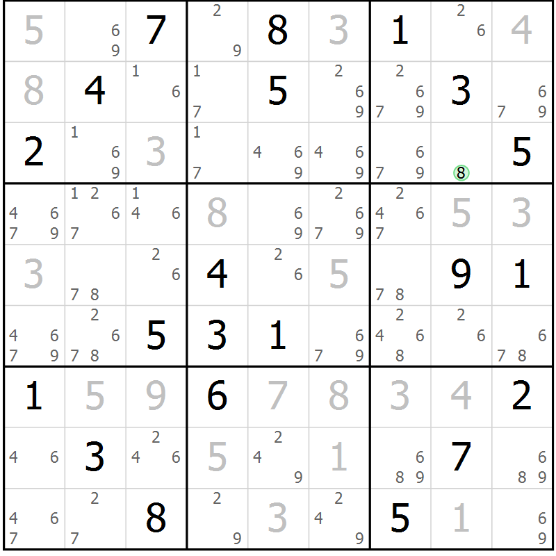 Position des candidats pour la solution de la Gr 78 page 81 du magazine de sudoku Maestro n° 085