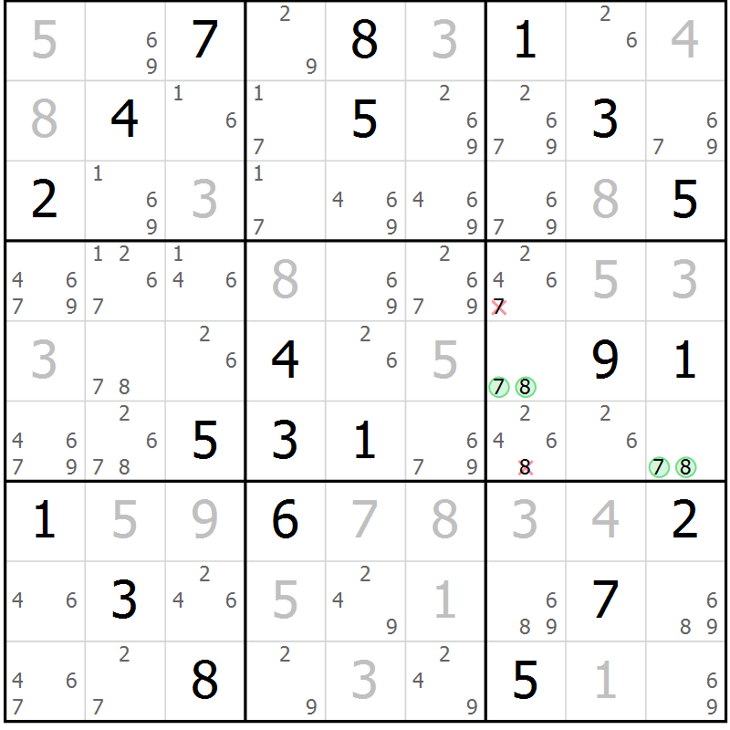 Position des candidats pour la solution de la Gr 78 page 81 du magazine de sudoku Maestro n° 085