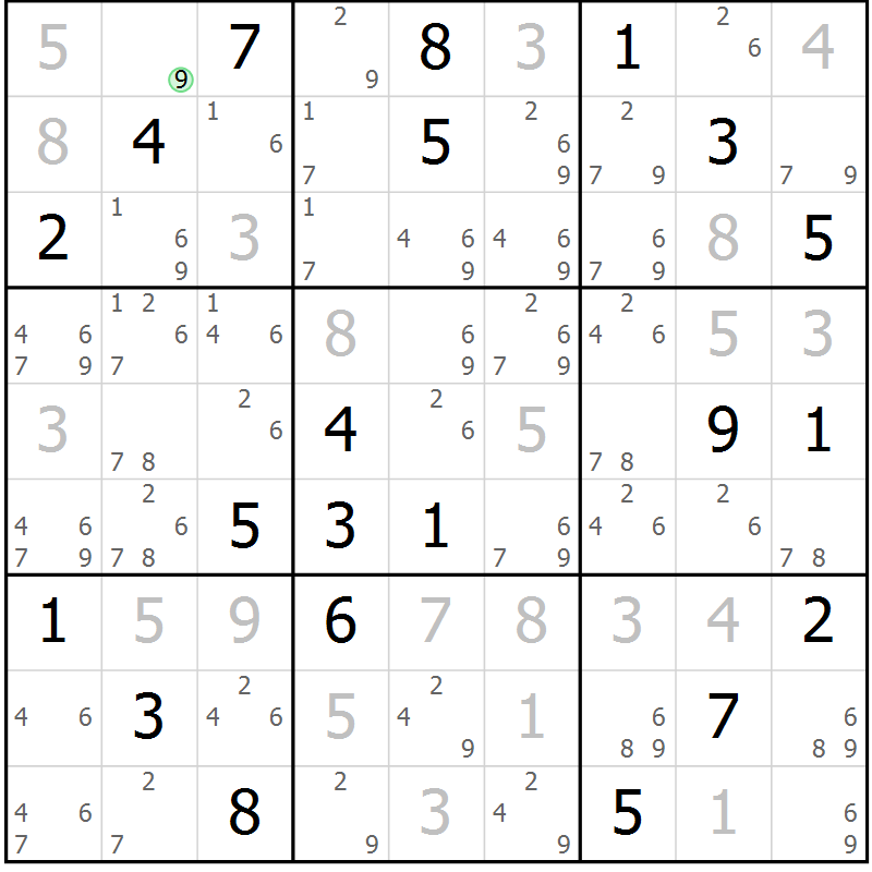 Position des candidats pour la solution de la Gr 78 page 81 du magazine de sudoku Maestro n° 085
