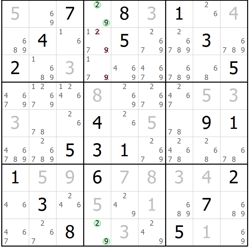 Position des candidats pour la solution de la Gr 78 page 81 du magazine de sudoku Maestro n° 085