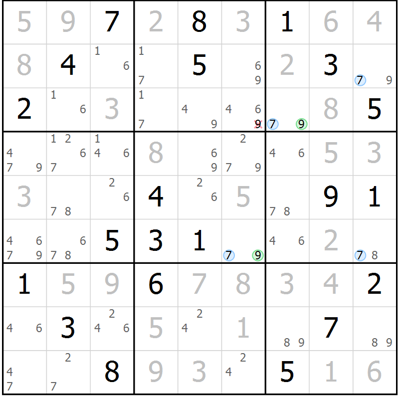 Position des candidats pour la solution de la Gr 78 page 81 du magazine de sudoku Maestro n° 085