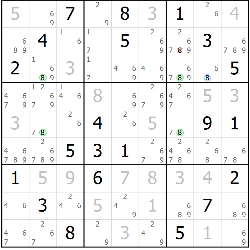 Position des candidats pour la solution de la Gr 78 page 81 du magazine de sudoku Maestro n° 085