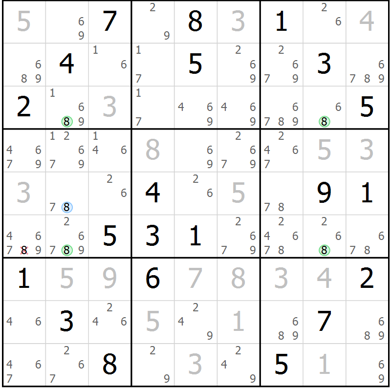 Position des candidats pour la solution de la Gr 78 page 81 du magazine de sudoku Maestro n° 085