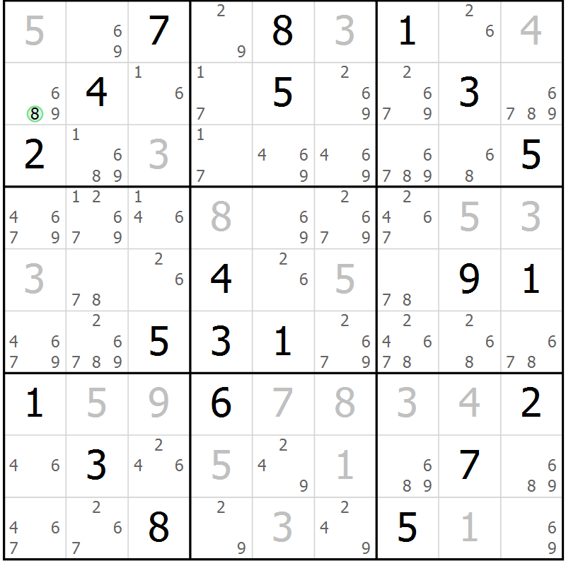 Position des candidats pour la solution de la Gr 78 page 81 du magazine de sudoku Maestro n° 085
