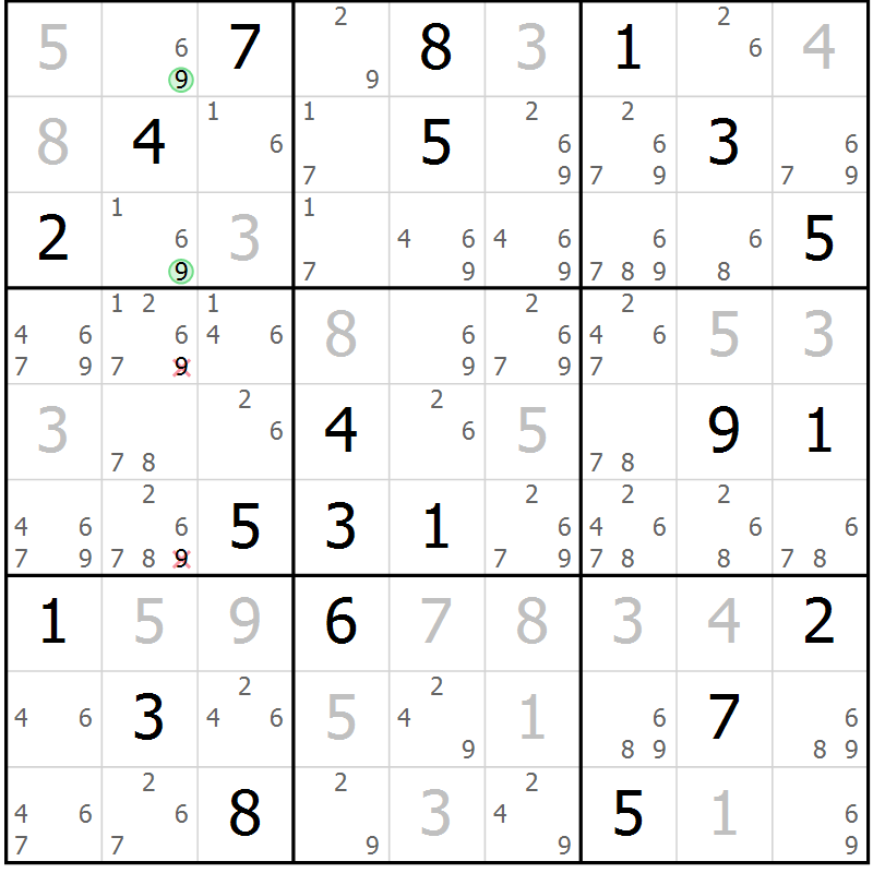 Position des candidats pour la solution de la Gr 78 page 81 du magazine de sudoku Maestro n° 085