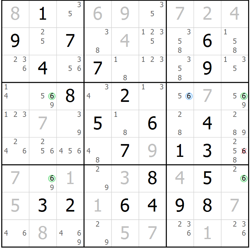 Position des candidats pour la solution de la Gr 79 page 82 du magazine de sudoku Maestro n° 085