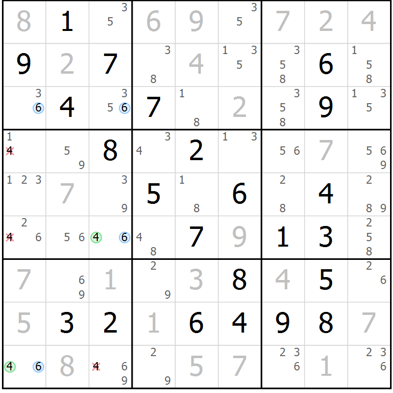 Position des candidats pour la solution de la Gr 79 page 82 du magazine de sudoku Maestro n° 085