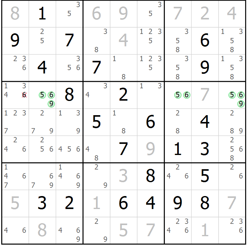 Position des candidats pour la solution de la Gr 79 page 82 du magazine de sudoku Maestro n° 085