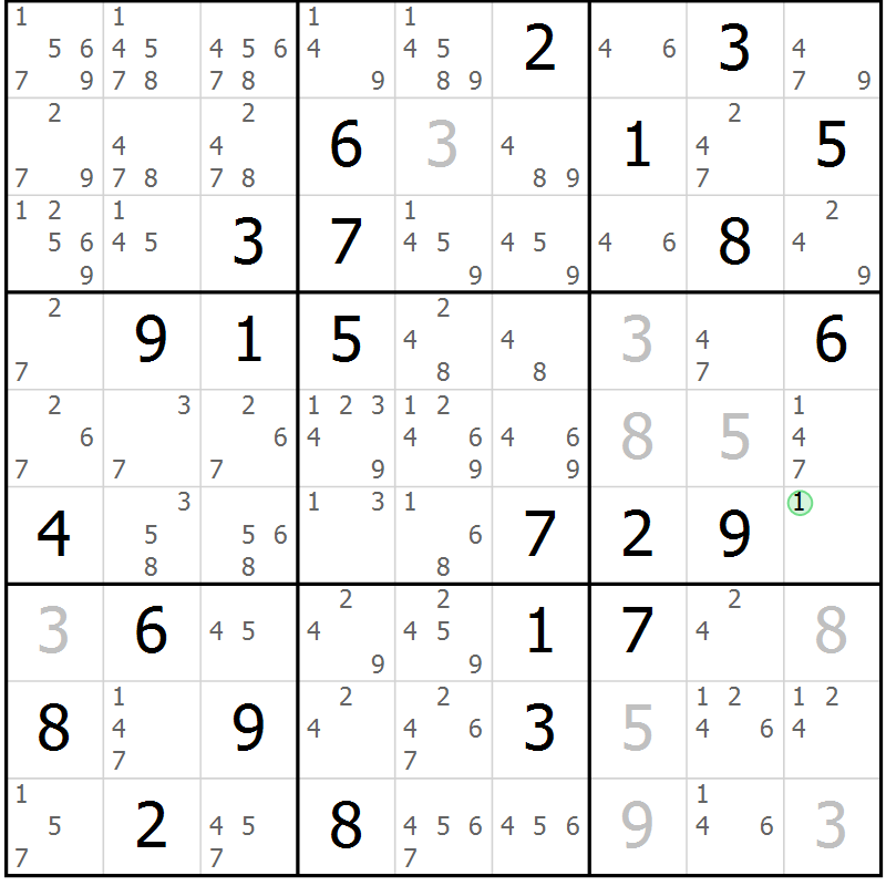 Position des candidats pour la solution de la Gr 8 page 11 du magazine de sudoku Maestro n° 085