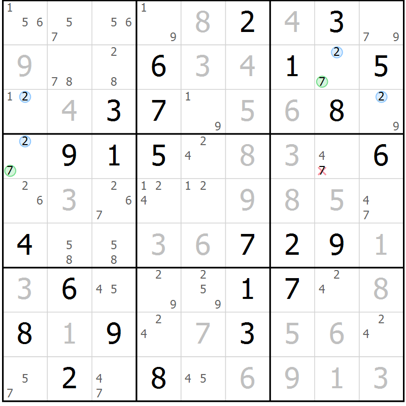 Position des candidats pour la solution de la Gr 8 page 11 du magazine de sudoku Maestro n° 085