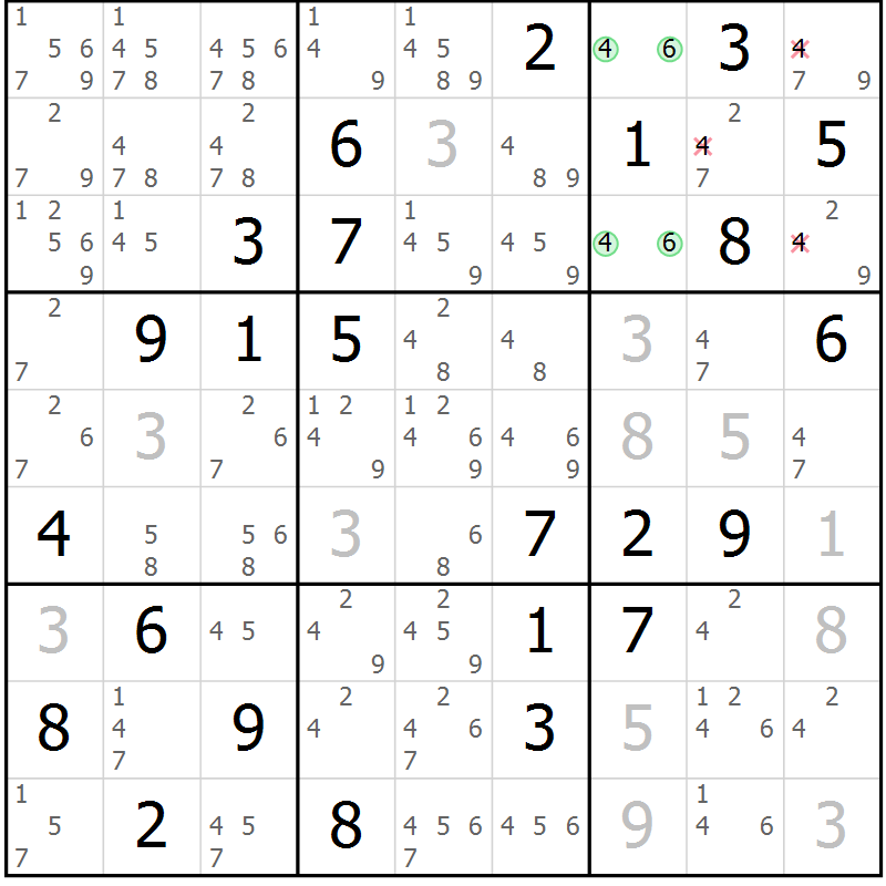 Position des candidats pour la solution de la Gr 8 page 11 du magazine de sudoku Maestro n° 085