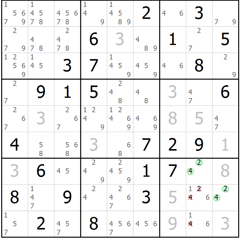Position des candidats pour la solution de la Gr 8 page 11 du magazine de sudoku Maestro n° 085