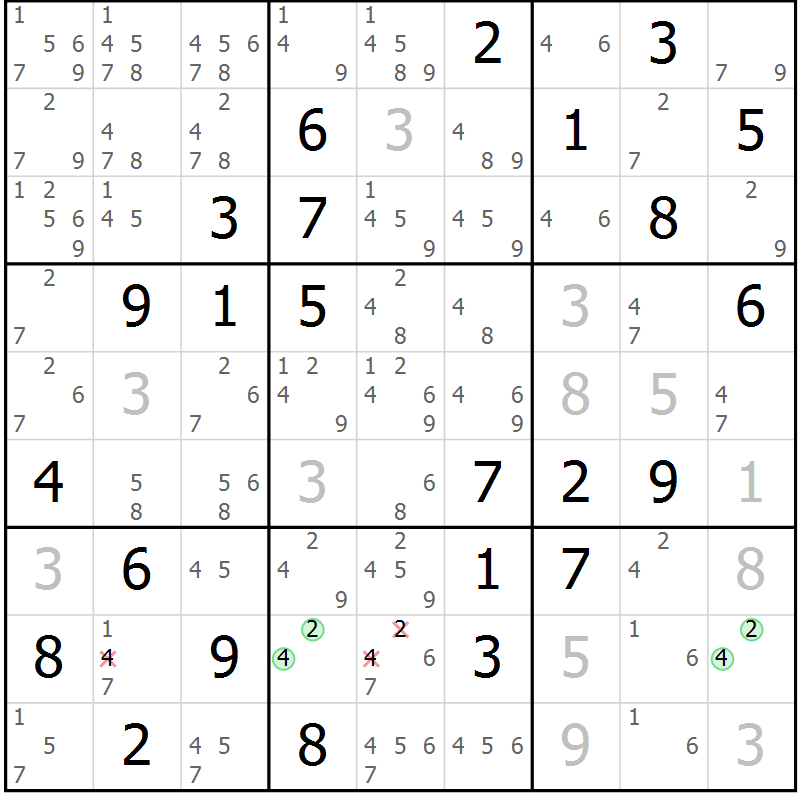 Position des candidats pour la solution de la Gr 8 page 11 du magazine de sudoku Maestro n° 085