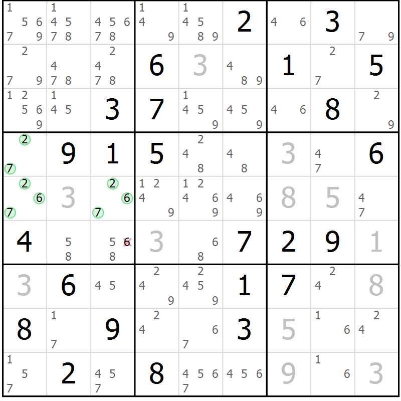 Position des candidats pour la solution de la Gr 8 page 11 du magazine de sudoku Maestro n° 085