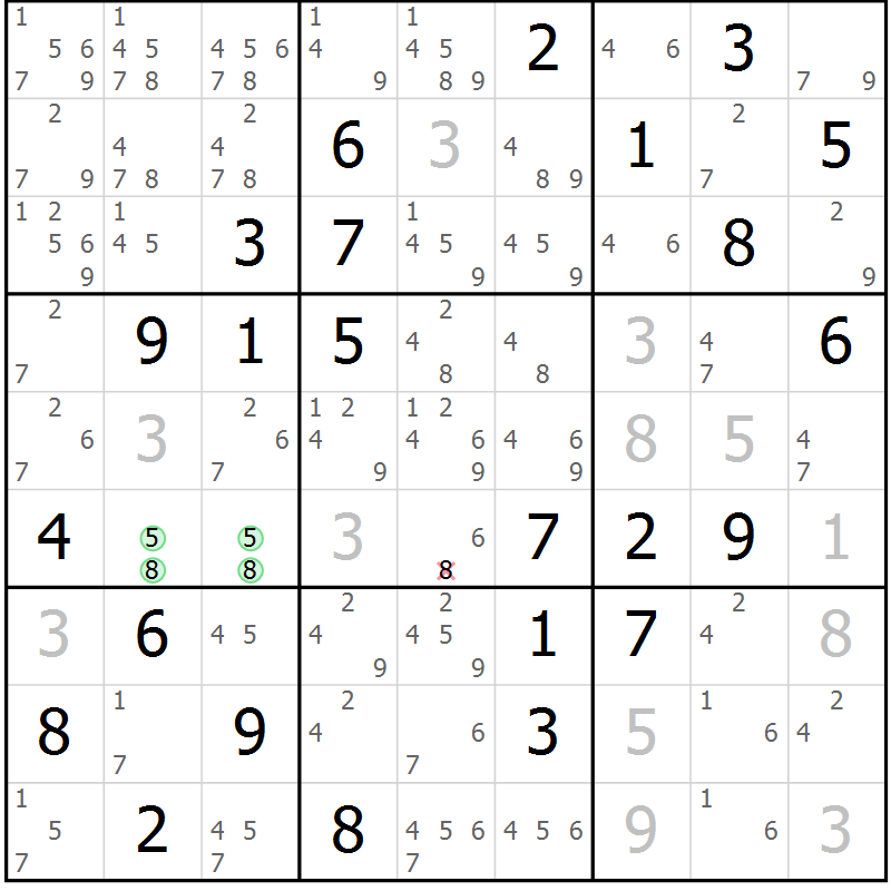 Position des candidats pour la solution de la Gr 8 page 11 du magazine de sudoku Maestro n° 085