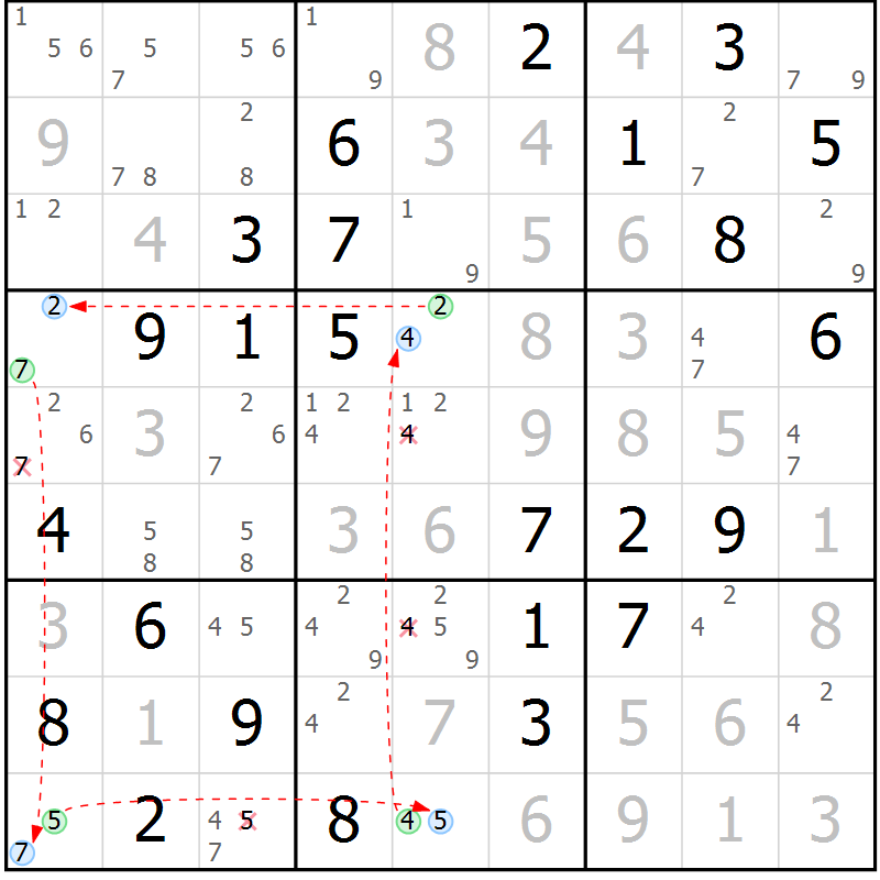 Position des candidats pour la solution de la Gr 8 page 11 du magazine de sudoku Maestro n° 085