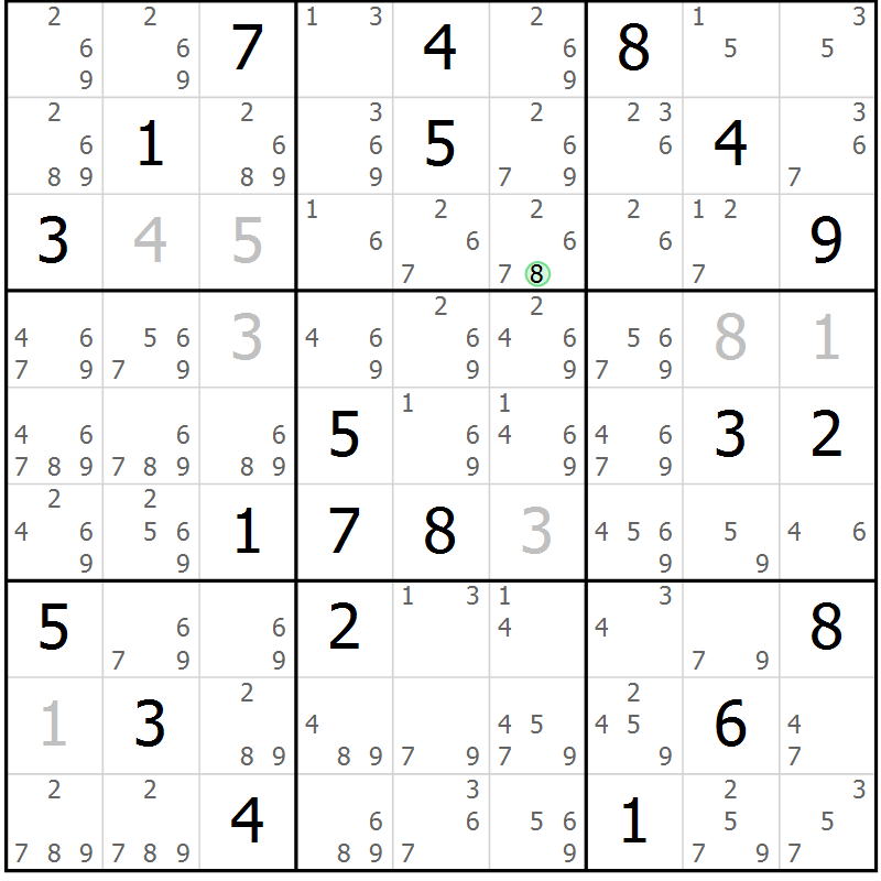 Position des candidats pour la solution de la Gr 80 page 83 du magazine de sudoku Maestro n° 085