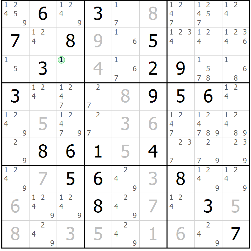 Position des candidats pour la solution de la Gr 81 page 84 du magazine de sudoku Maestro n° 085