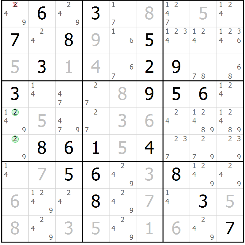 Position des candidats pour la solution de la Gr 81 page 84 du magazine de sudoku Maestro n° 085