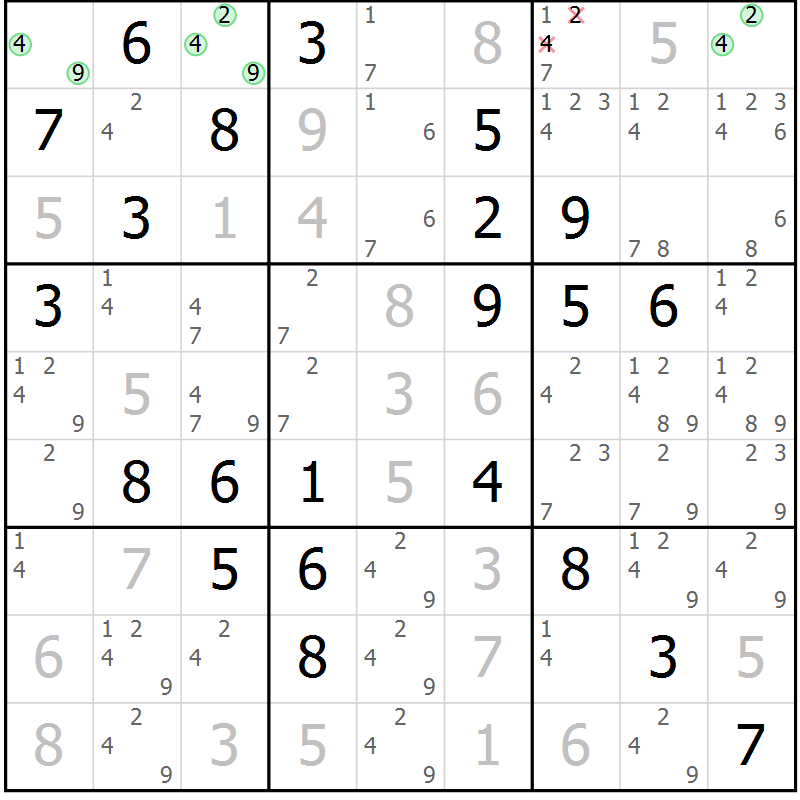 Position des candidats pour la solution de la Gr 81 page 84 du magazine de sudoku Maestro n° 085
