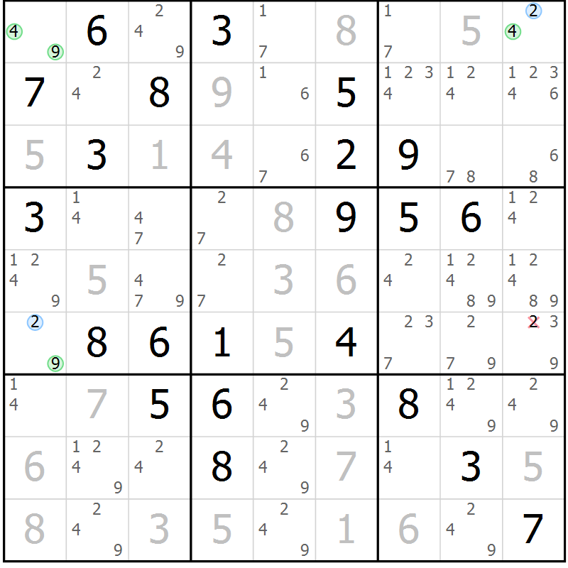 Position des candidats pour la solution de la Gr 81 page 84 du magazine de sudoku Maestro n° 085