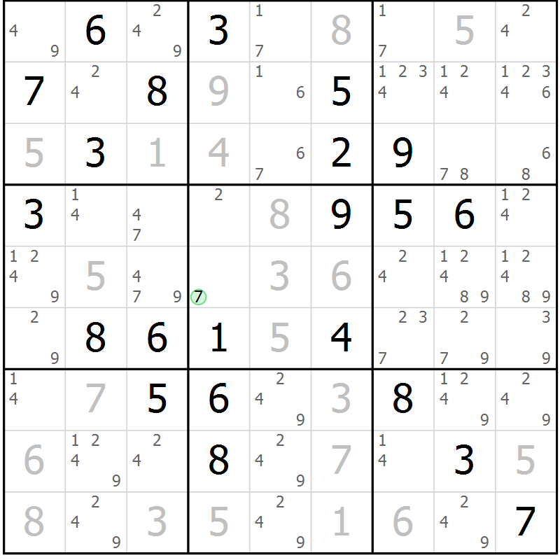 Position des candidats pour la solution de la Gr 81 page 84 du magazine de sudoku Maestro n° 085