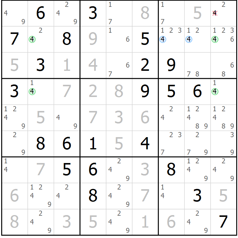 Position des candidats pour la solution de la Gr 81 page 84 du magazine de sudoku Maestro n° 085