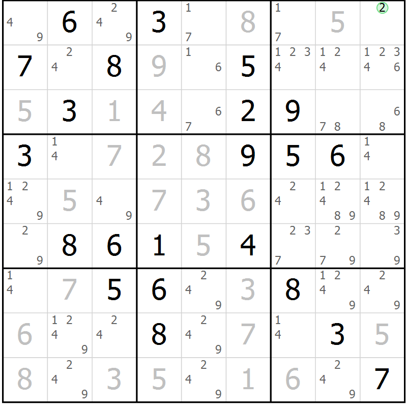 Position des candidats pour la solution de la Gr 81 page 84 du magazine de sudoku Maestro n° 085