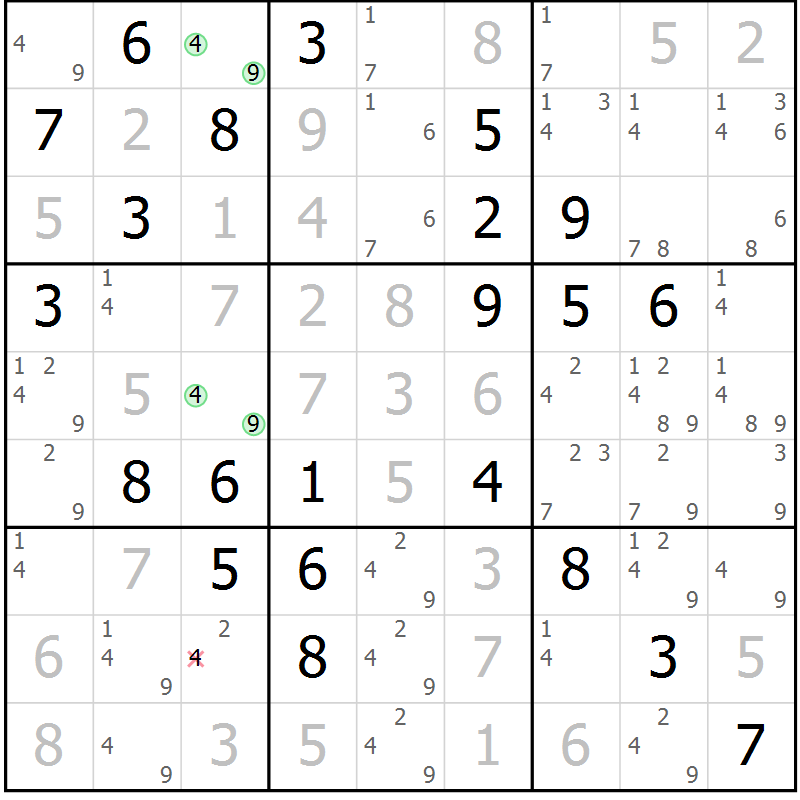 Position des candidats pour la solution de la Gr 81 page 84 du magazine de sudoku Maestro n° 085