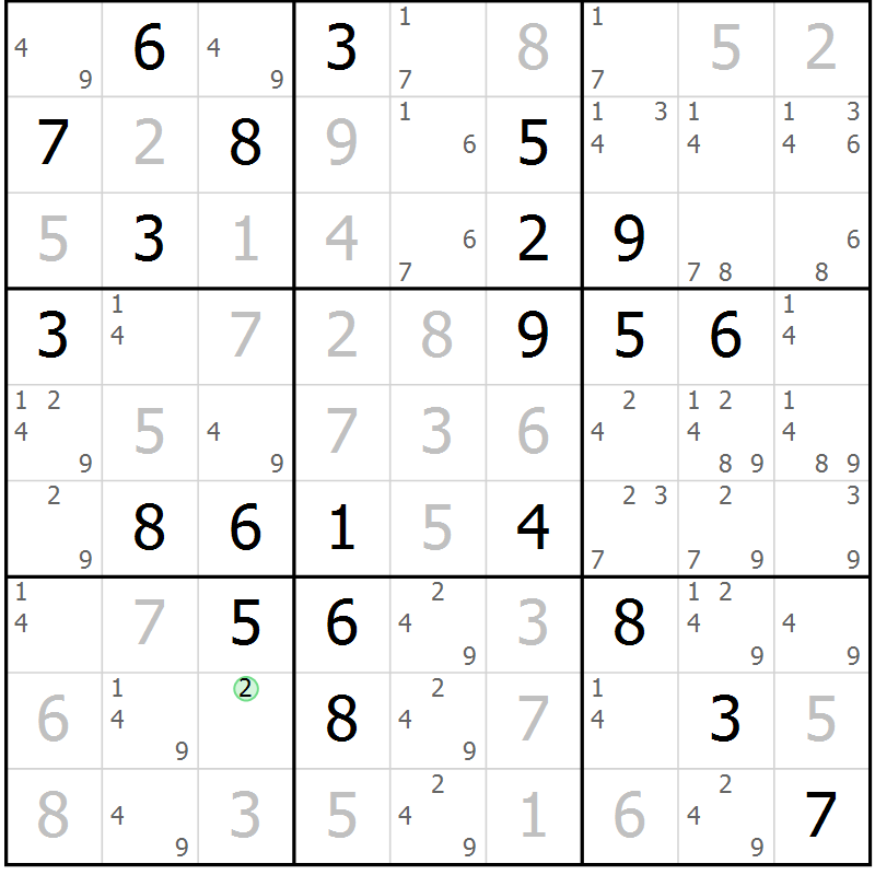 Position des candidats pour la solution de la Gr 81 page 84 du magazine de sudoku Maestro n° 085