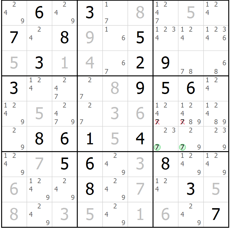 Position des candidats pour la solution de la Gr 81 page 84 du magazine de sudoku Maestro n° 085