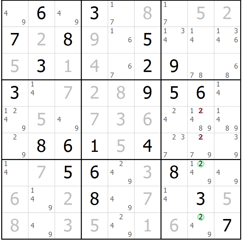 Position des candidats pour la solution de la Gr 81 page 84 du magazine de sudoku Maestro n° 085