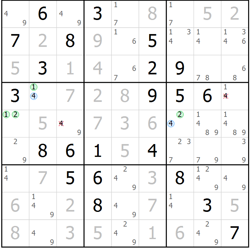 Position des candidats pour la solution de la Gr 81 page 84 du magazine de sudoku Maestro n° 085