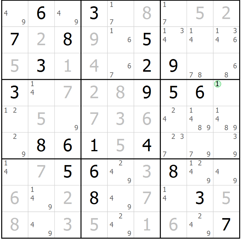 Position des candidats pour la solution de la Gr 81 page 84 du magazine de sudoku Maestro n° 085