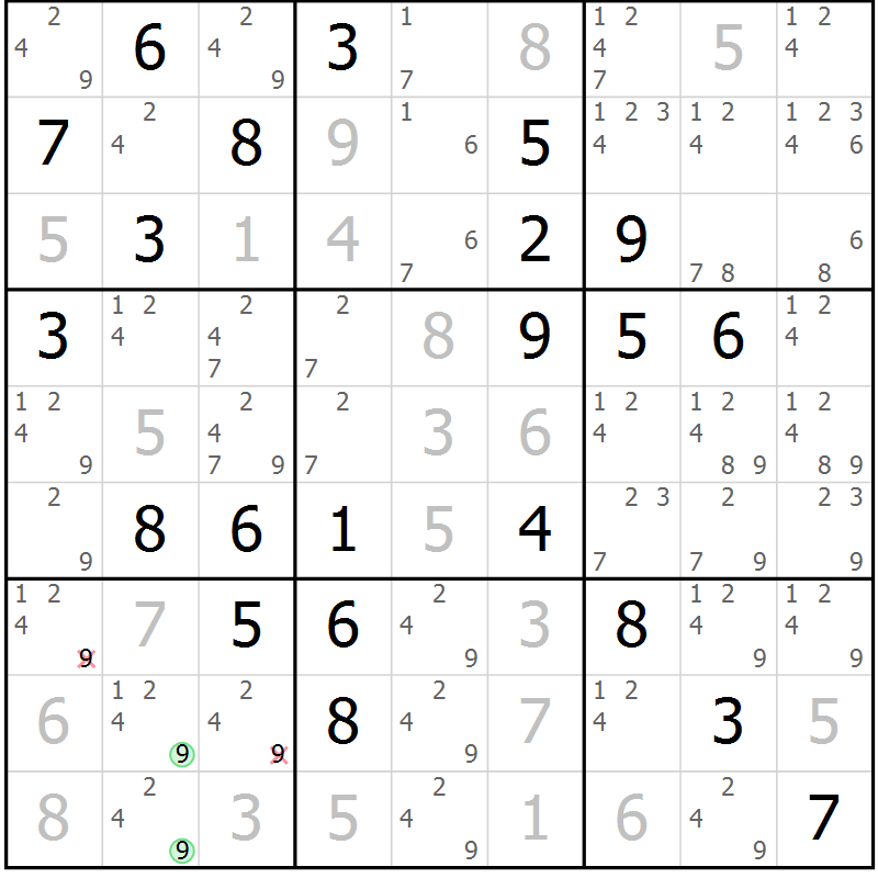 Position des candidats pour la solution de la Gr 81 page 84 du magazine de sudoku Maestro n° 085